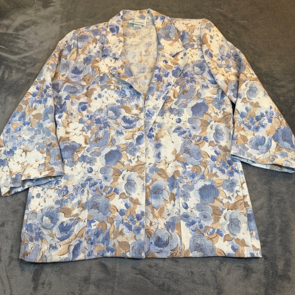 Joanna Vintage Blue Floral Open Front Blazer Jacket Made in USA Womens Medium